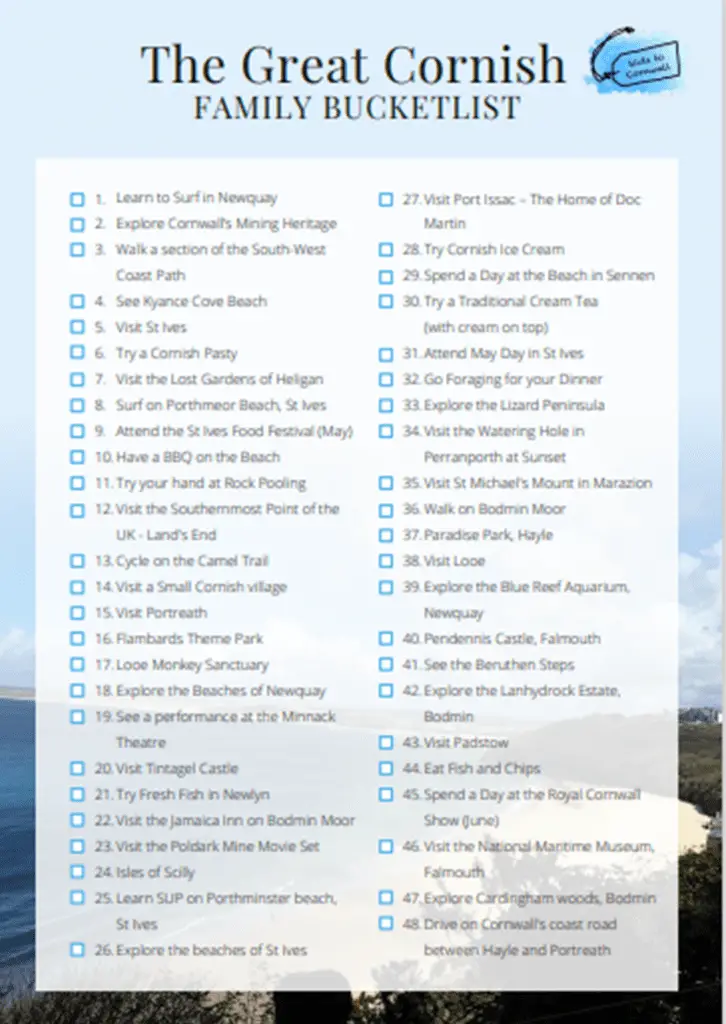 FREE Cornwall bucket list printable. Top 100 things to do in Cornwall with kids.